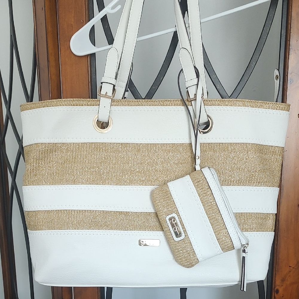 Jessica Simpson White and Tan Striped Tote Bag with Matching Wristlet